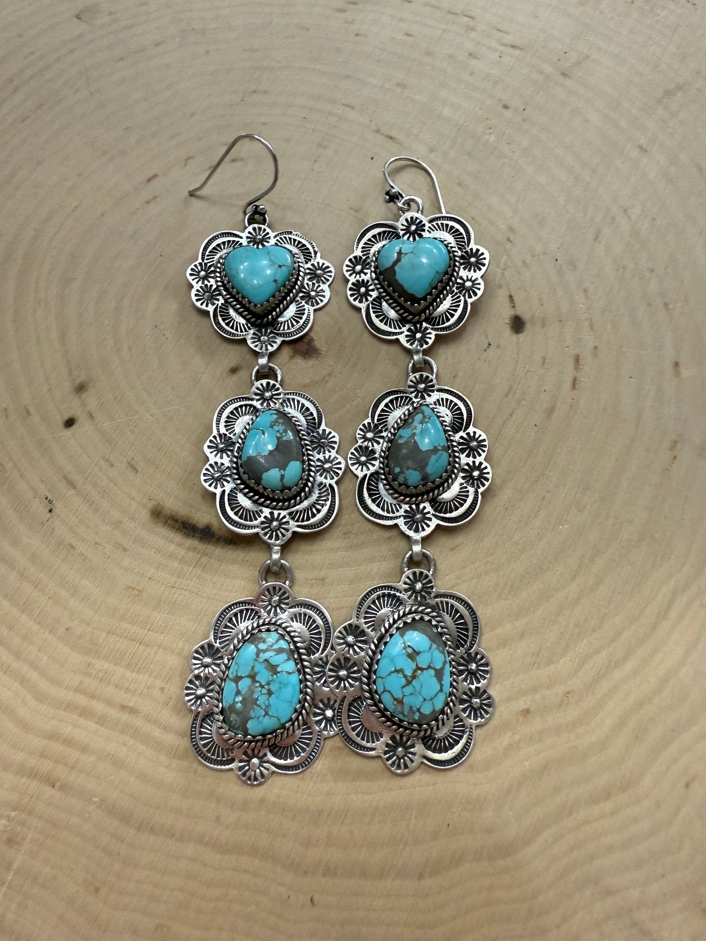 Handmade Number 8 Turquoise and Sterling Silver Heart Dangle Earrings