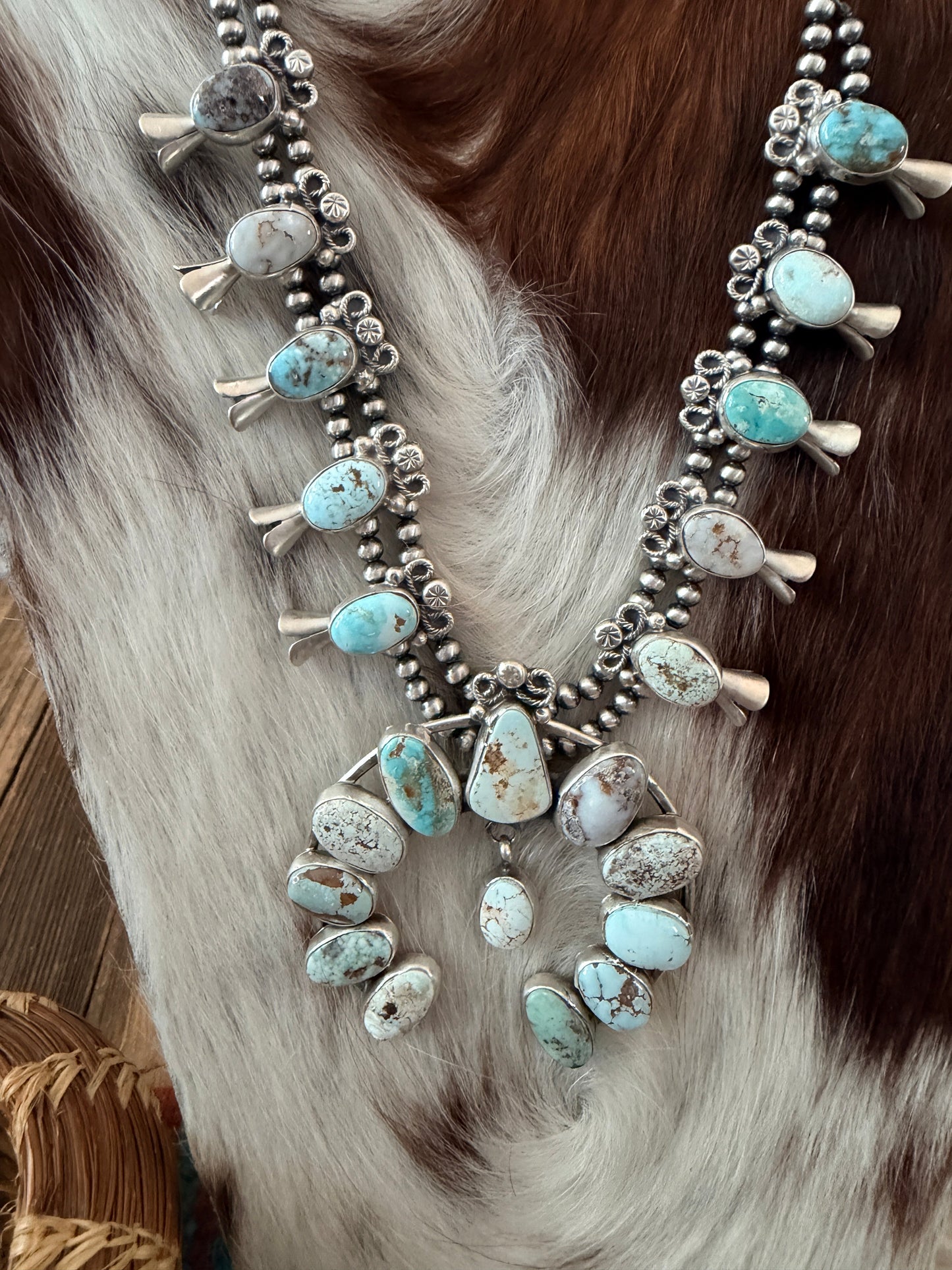 Handcrafted Dry Creek Turquoise & Sterling Silver Squash Blossom Necklace and Earring Set