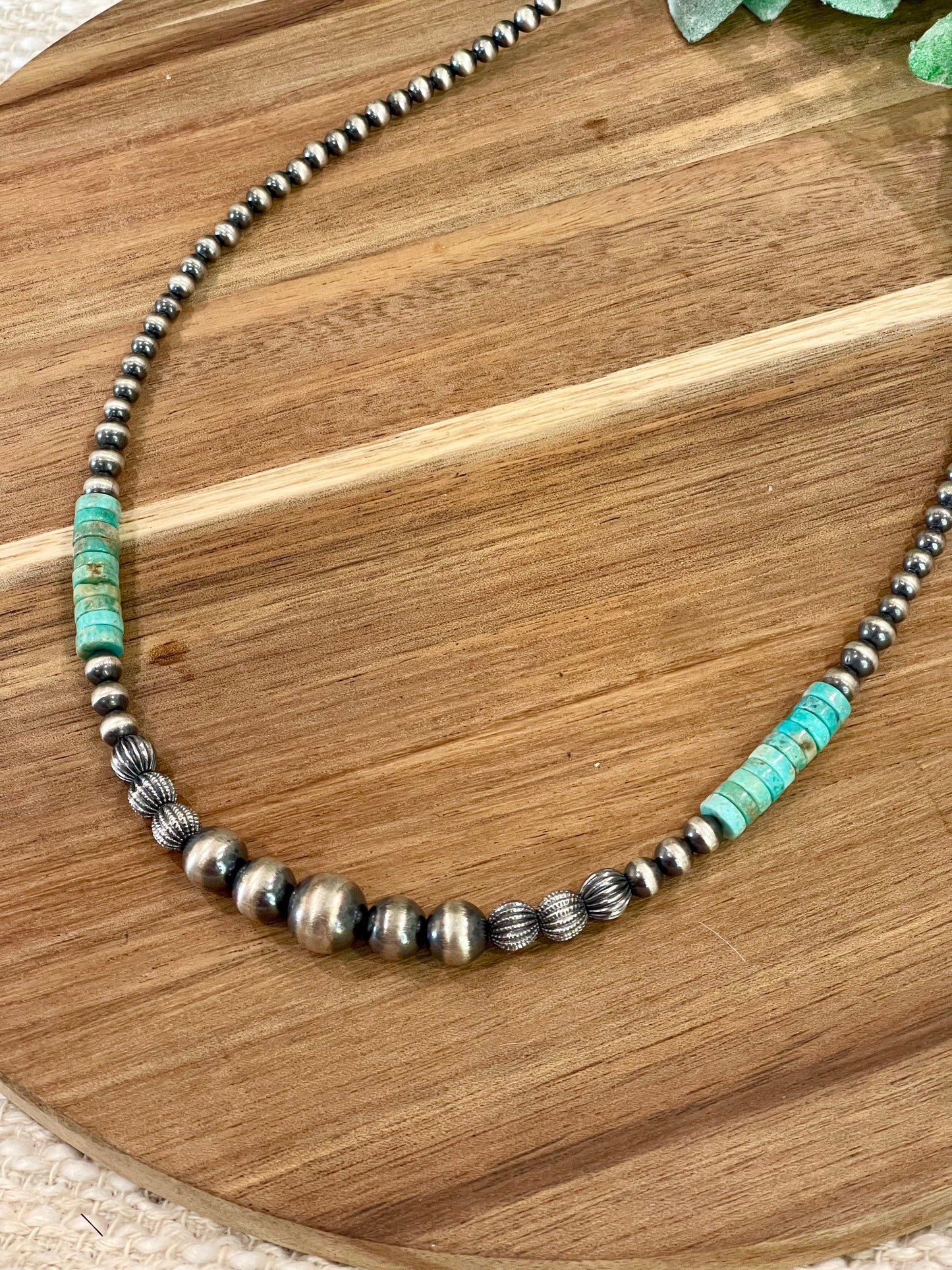 Handmade Sterling Silver with Kingman Turquoise Beaded Necklace with Signed Nizhoni 18” w/ extender