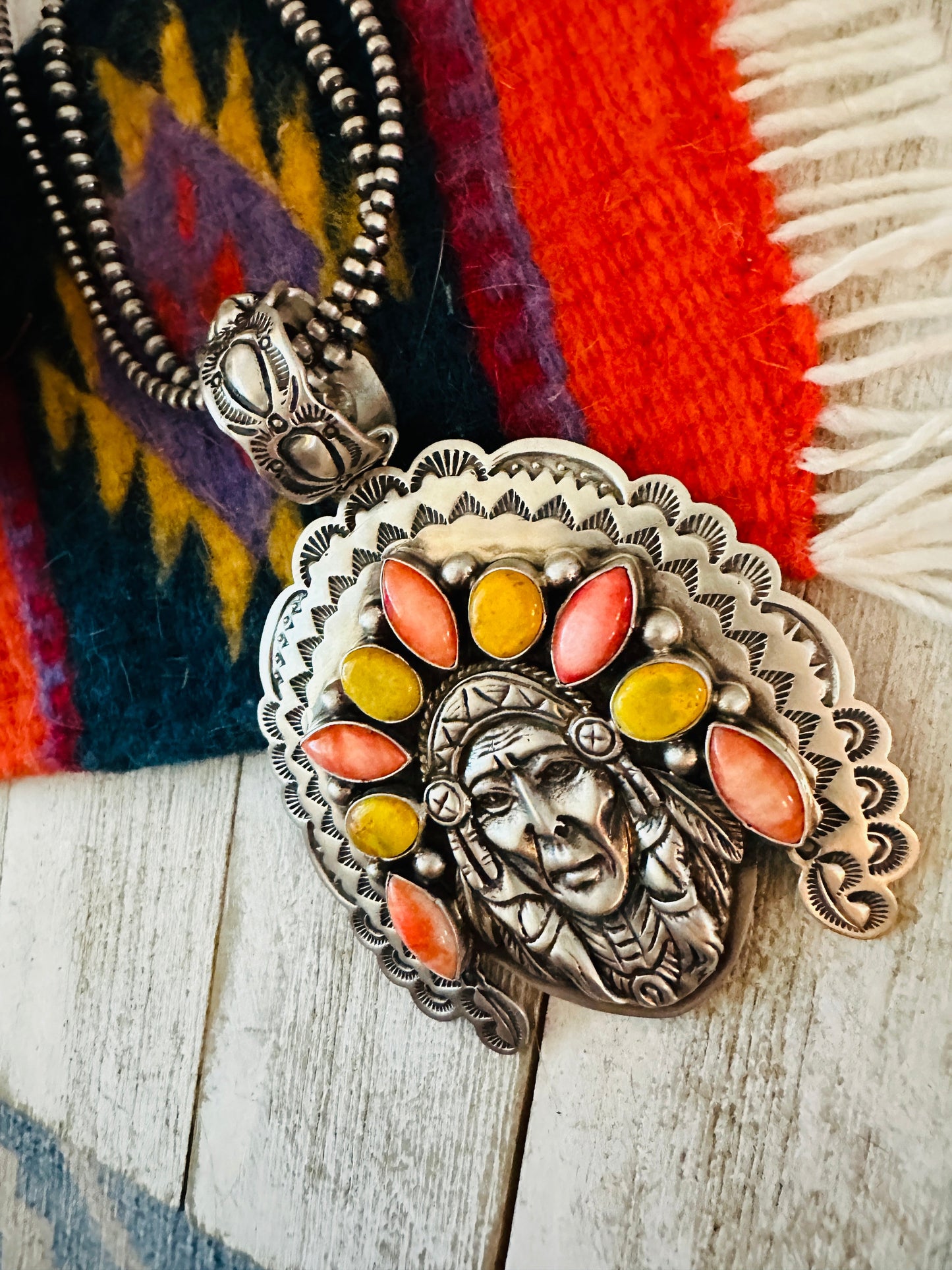 Handcrafted Spiny, Jasper & Sterling Silver Indian Chief Pendant