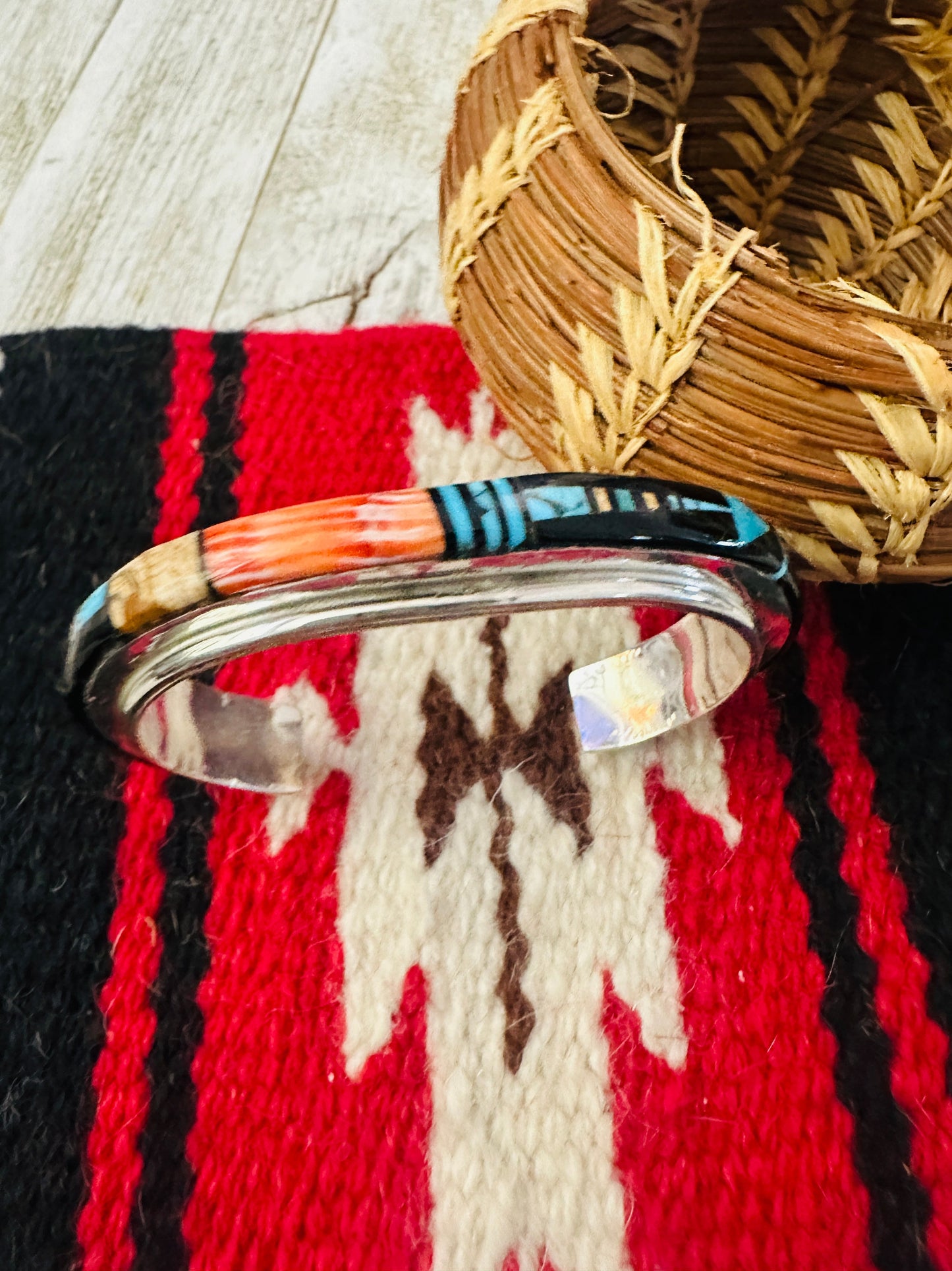 Handcrafted Multi Stone & Sterling Silver Inlay Cuff Bracelet by Ray Jack