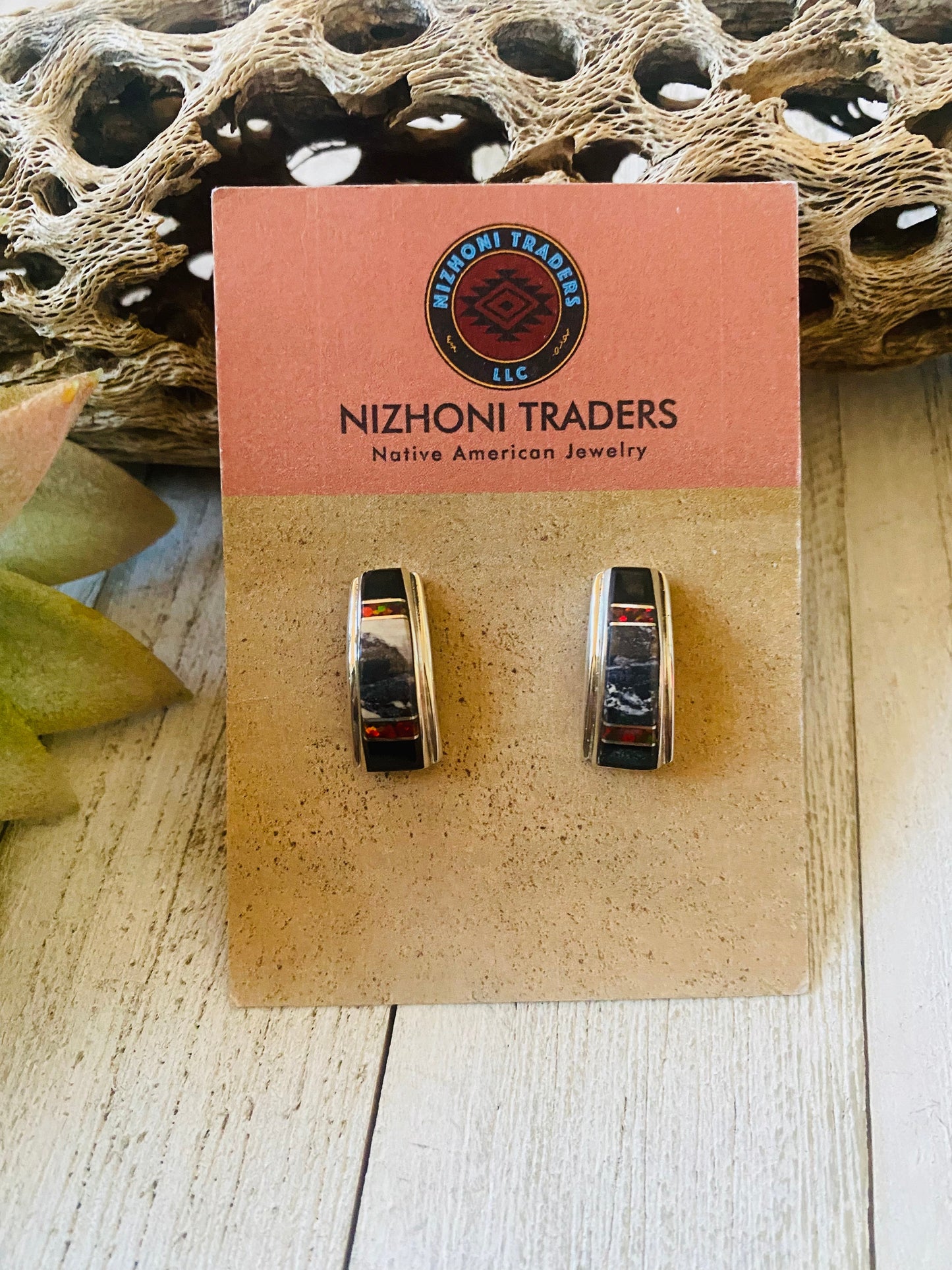 Handcrafted Multi Stone & Sterling Silver Inlay Dangle Earrings Signed