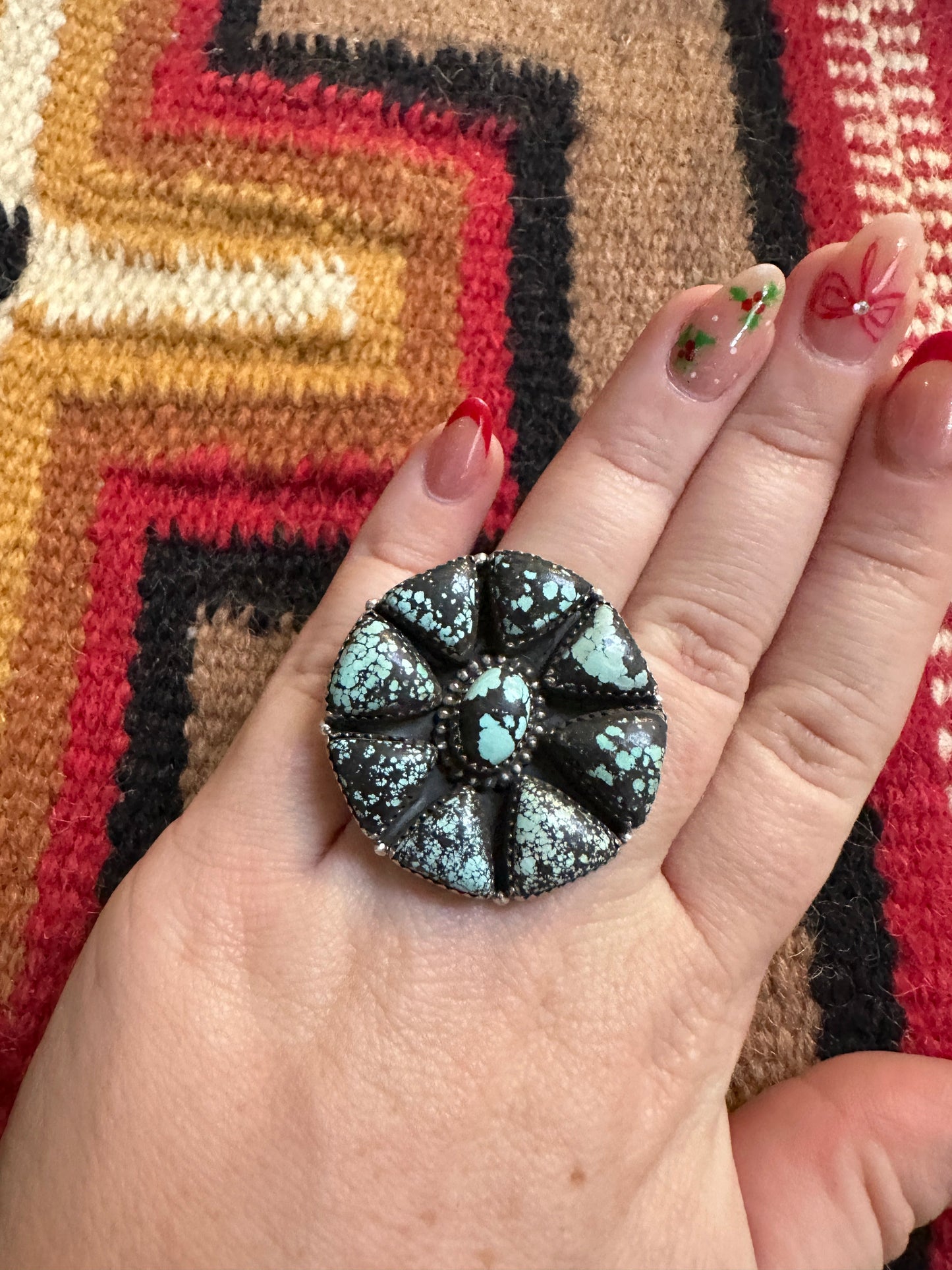 Beautiful Handmade New Lander Turquoise And Sterling Silver Triangle Adjustable Statement Round Ring