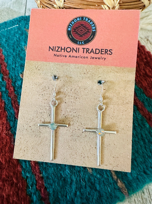 Handcrafted Sterling Silver & White Opal Cross Dangle Earrings