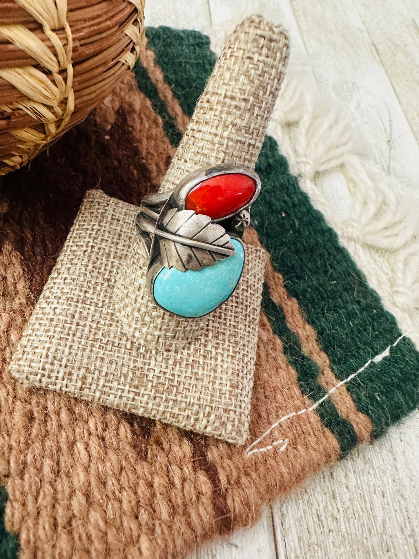Old Pawn Handcrafted Turquoise, Coral & Sterling Silver Ring Size 10