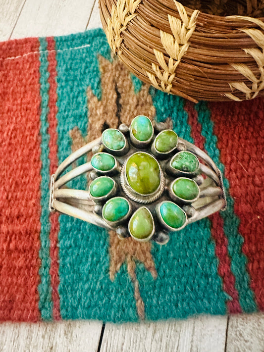 Handcrafted Sonoran Gold Turquoise & Sterling Silver Cluster Cuff Bracelet /