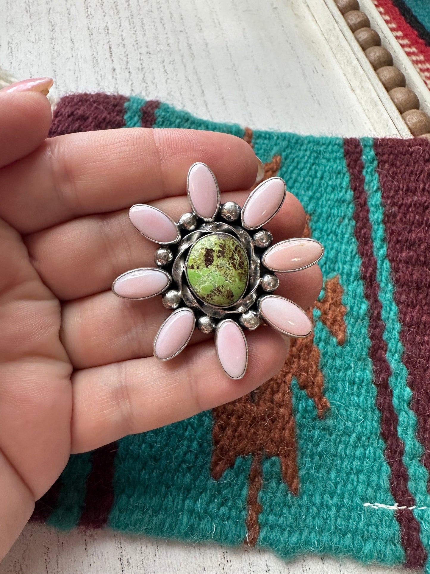 “Pink Blossom” Gorgeous Navajo Turquoise, Pink Conch And Sterling Silver Adjustable Flower Ring Signed