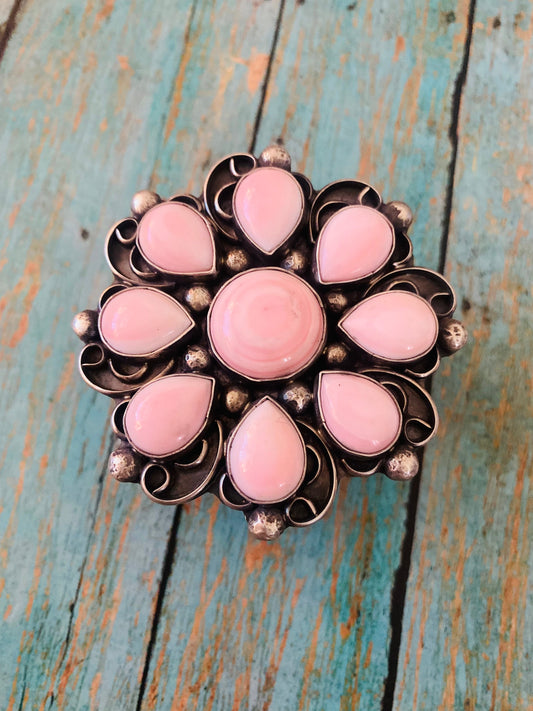 Handcrafted Queen Pink Conch Shell & Sterling Silver Cluster Cuff Bracelet Signed /