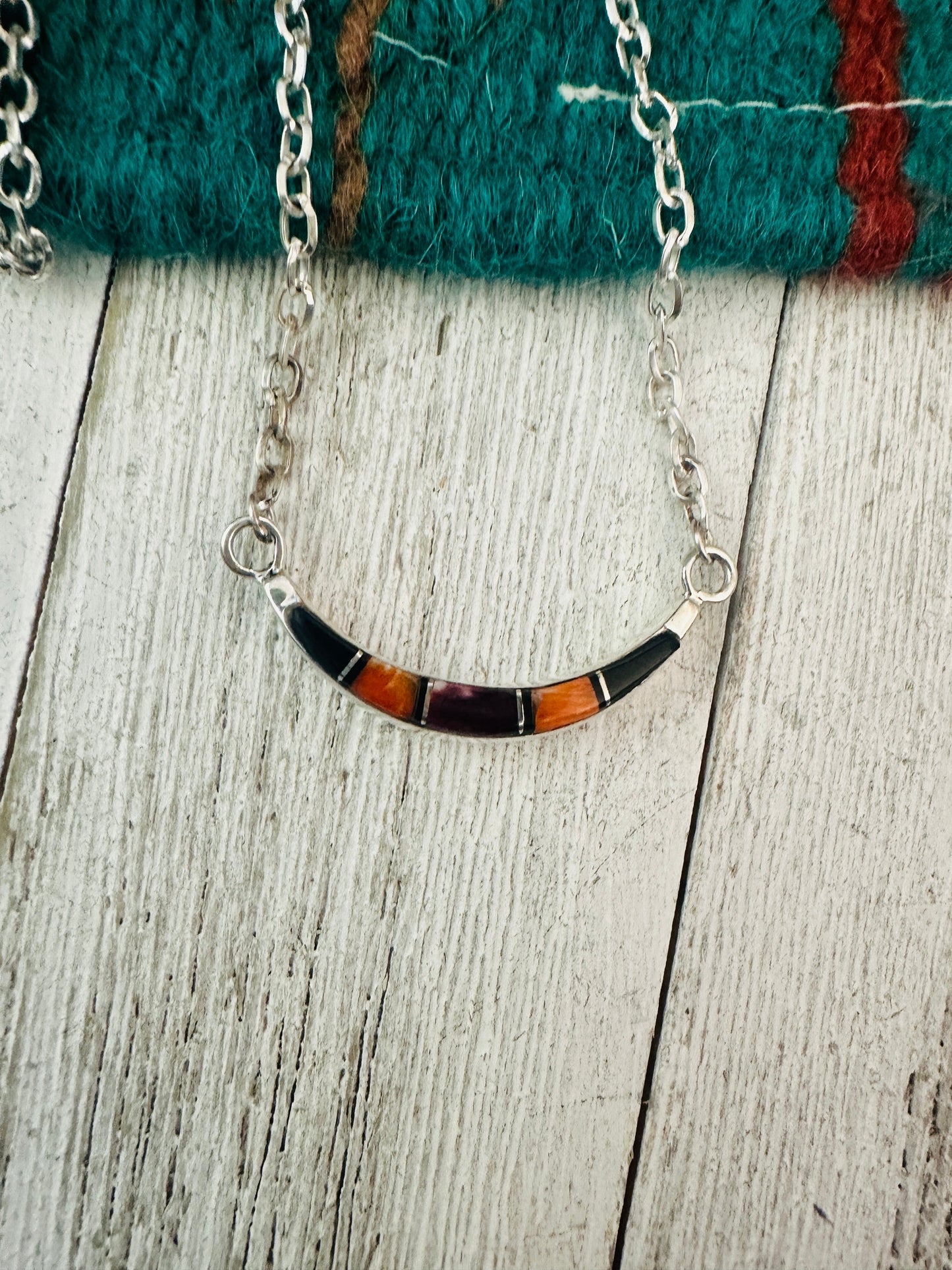 Handcrafted Sterling Silver, Onyx & Spiny Inlay Crescent Necklace
