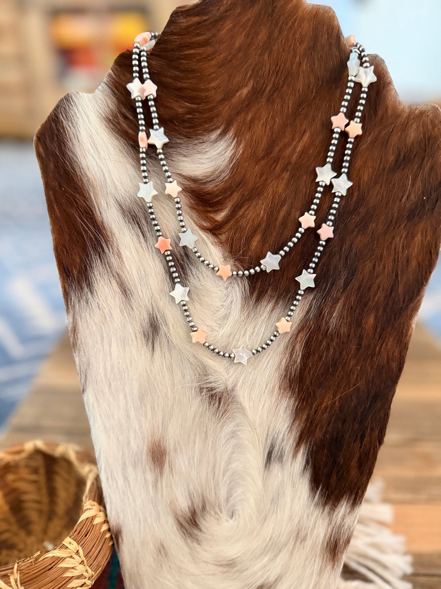 Handcrafted Mother of Pearl Star and Sterling Silver Pearl Beaded Necklace