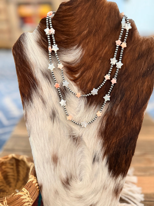 Handcrafted Mother of Pearl Star and Sterling Silver Pearl Beaded Necklace