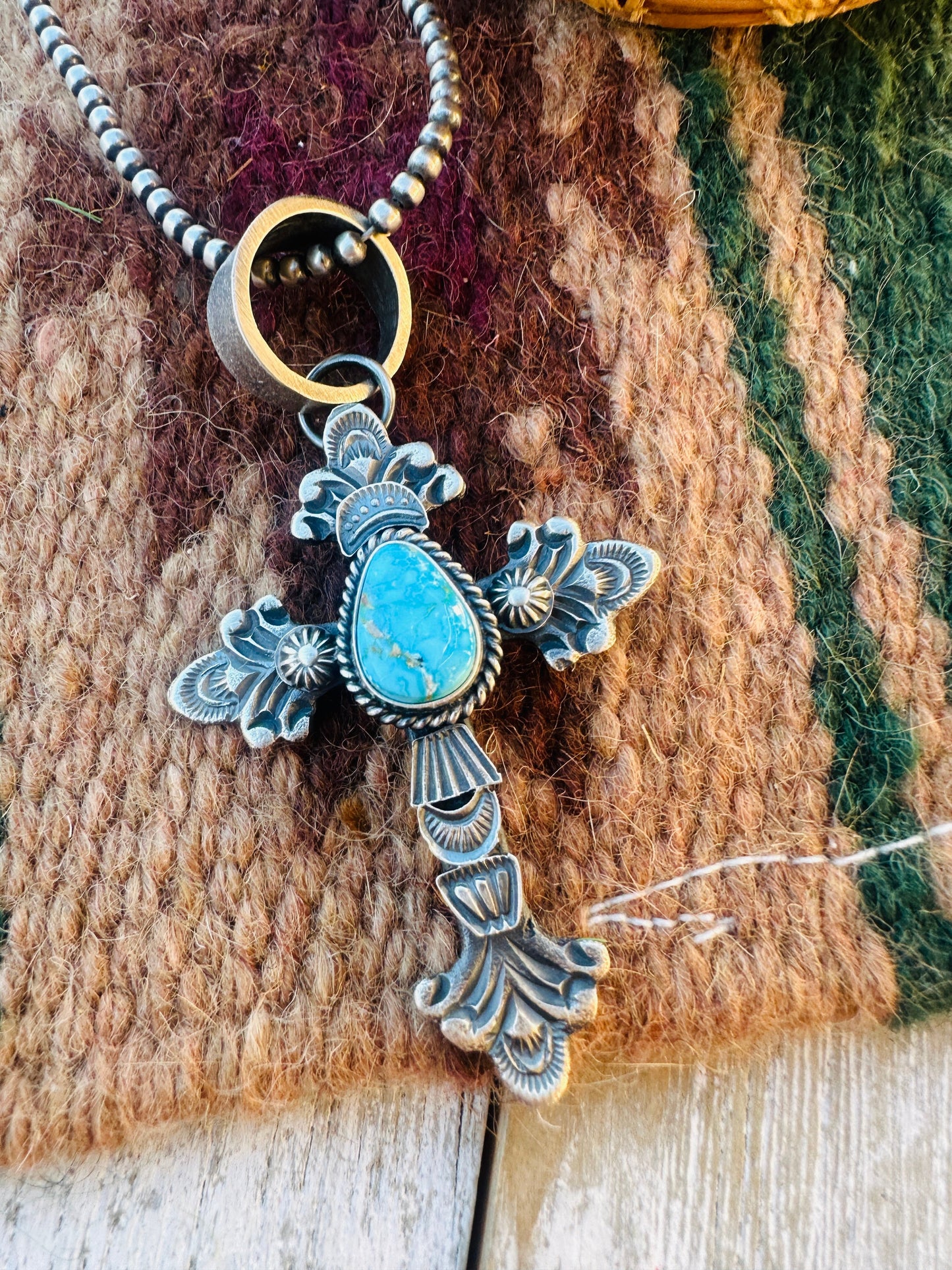 Handcrafted Sterling Silver & Turquoise Cross Pendant by Kevin Billah