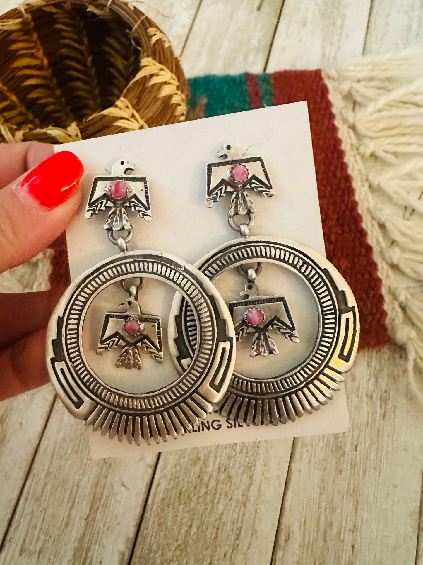 Handcrafted Sterling Silver & Rhodochrosite Thunderbird Dangle Earrings