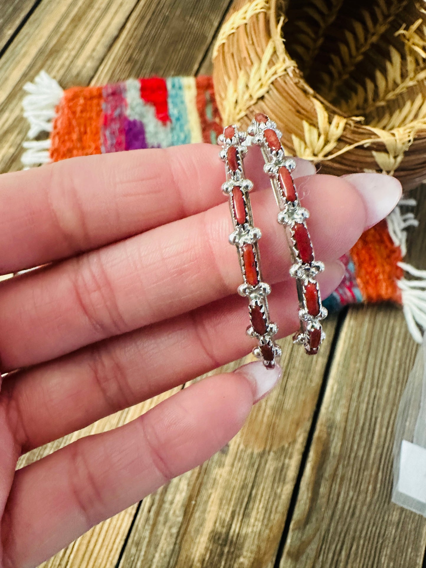 Handcrafted Coral & Sterling Silver Hoop Earrings