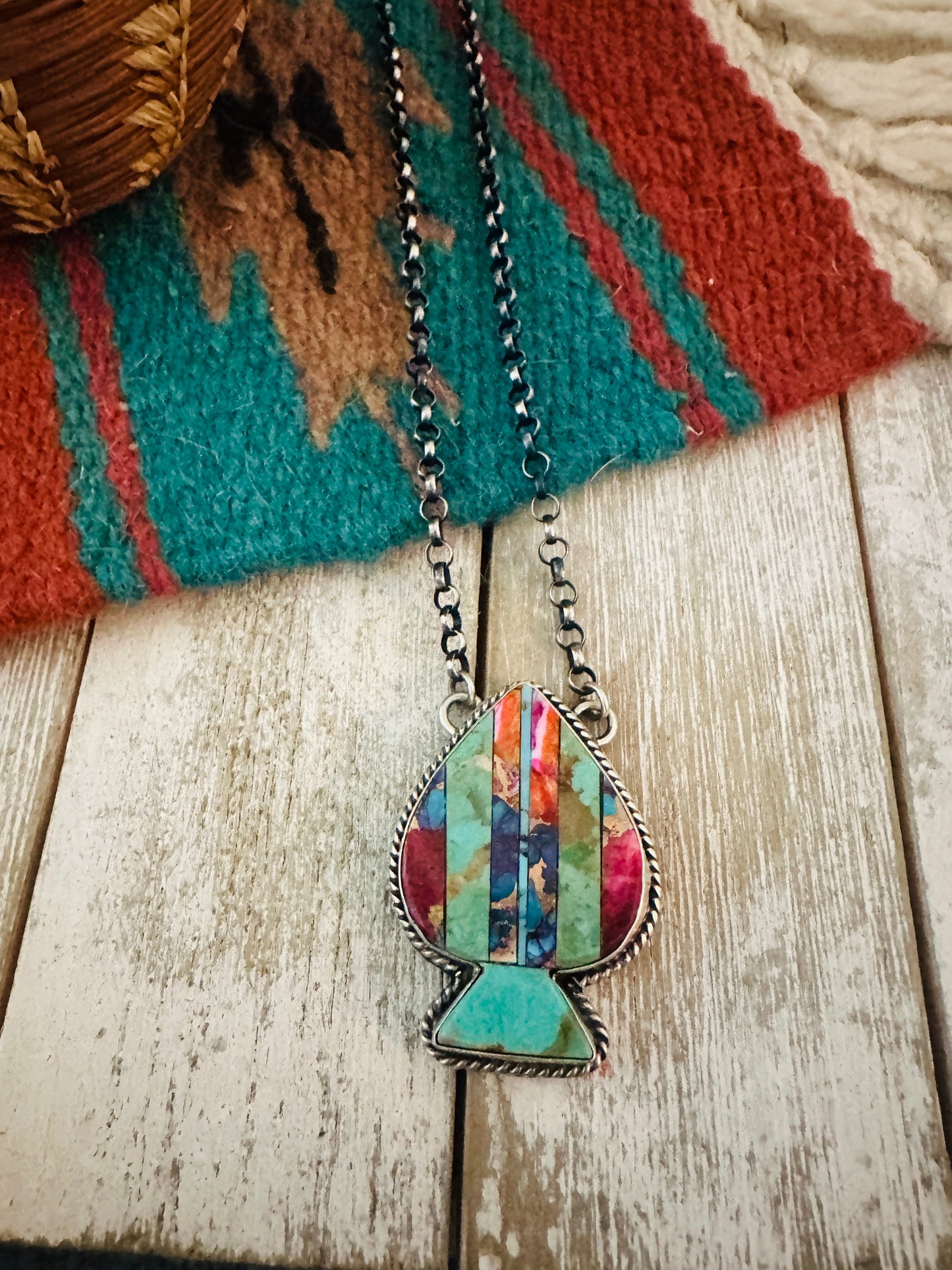 Handcrafted Sterling Silver & Multi Stone Inlay Spade Necklace