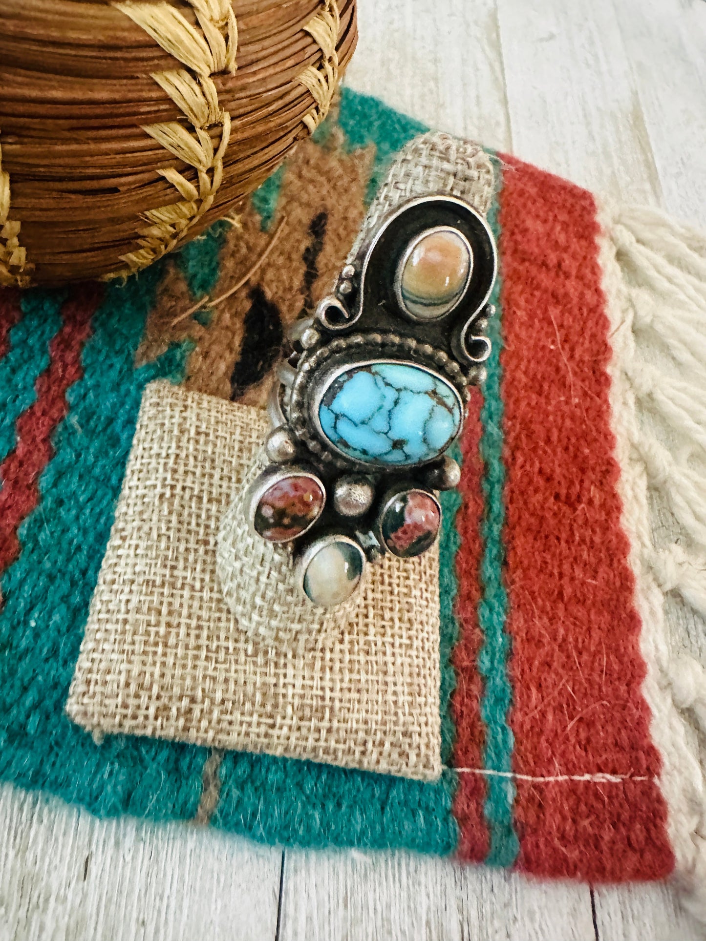 Handcrafted Old Pawn Sterling Silver & Multi Stone Ring Size 8.5
