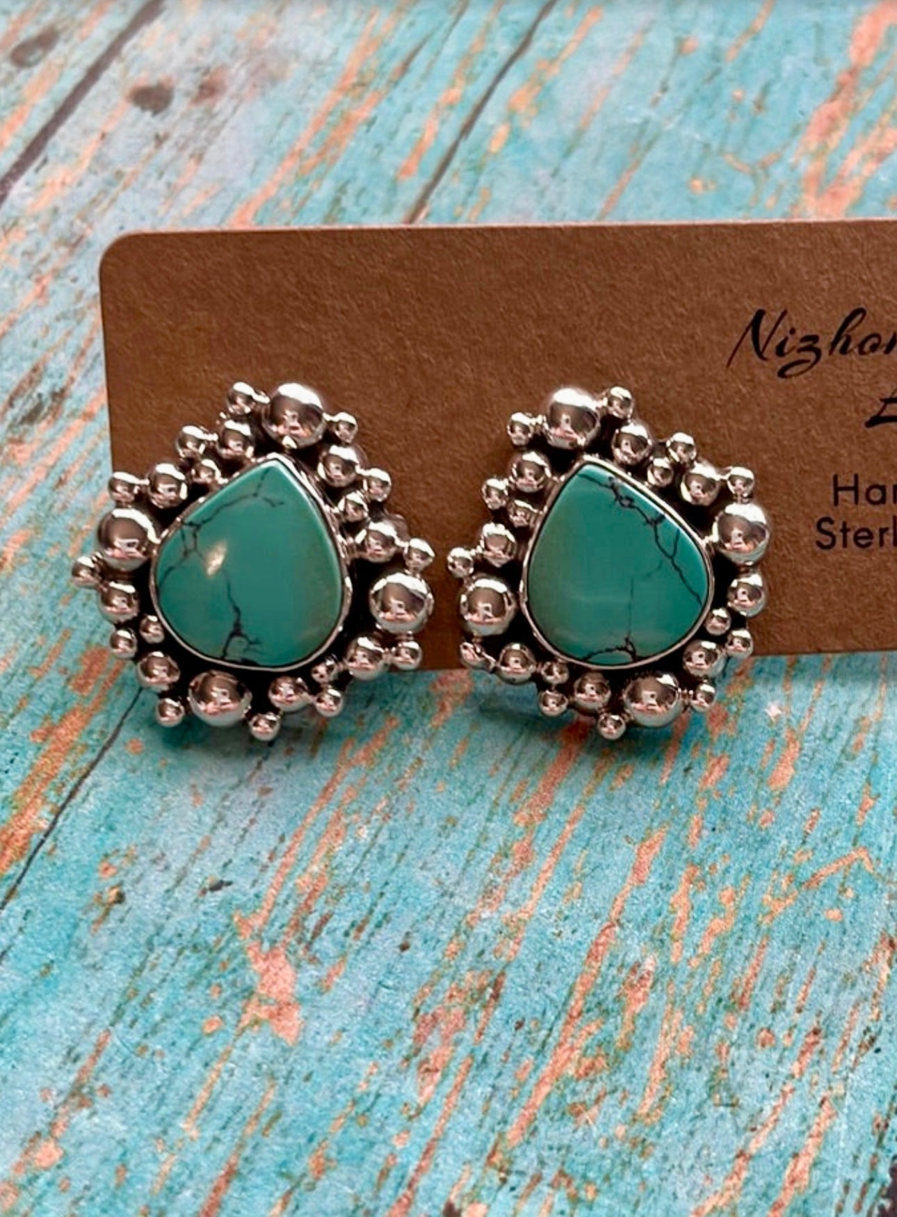 Handmade Turquoise and Sterling Silver Tear Drop or Oval Stud Earrings Signed Nizhoni