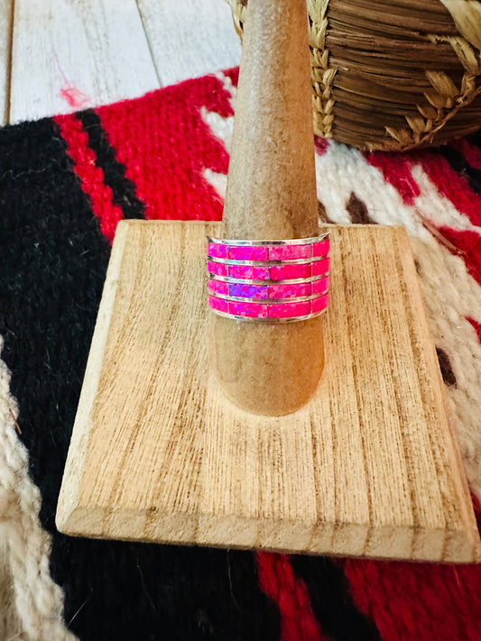 Handcrafted Sterling Silver & Pink Opal Inlay 4 Row Band Ring