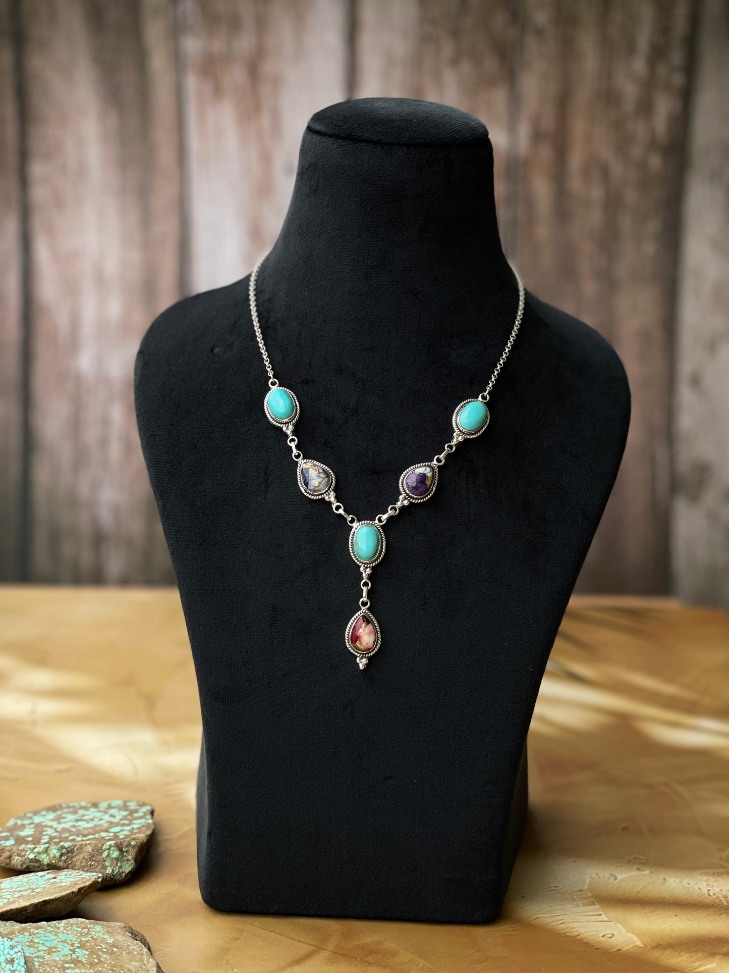 Handmade Sterling Silver, Turquoise, Violet Frost, Dahlia Rose Lariat  Necklace