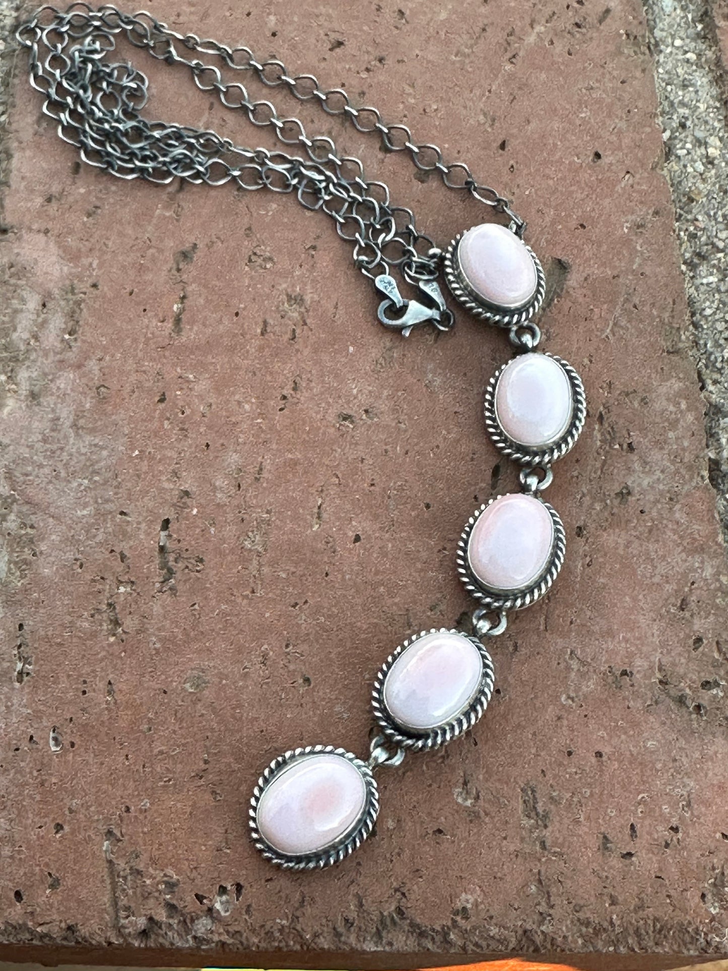 Handcrafted Queen Pink Conch & Sterling Silver 5 Oval Drop Necklace