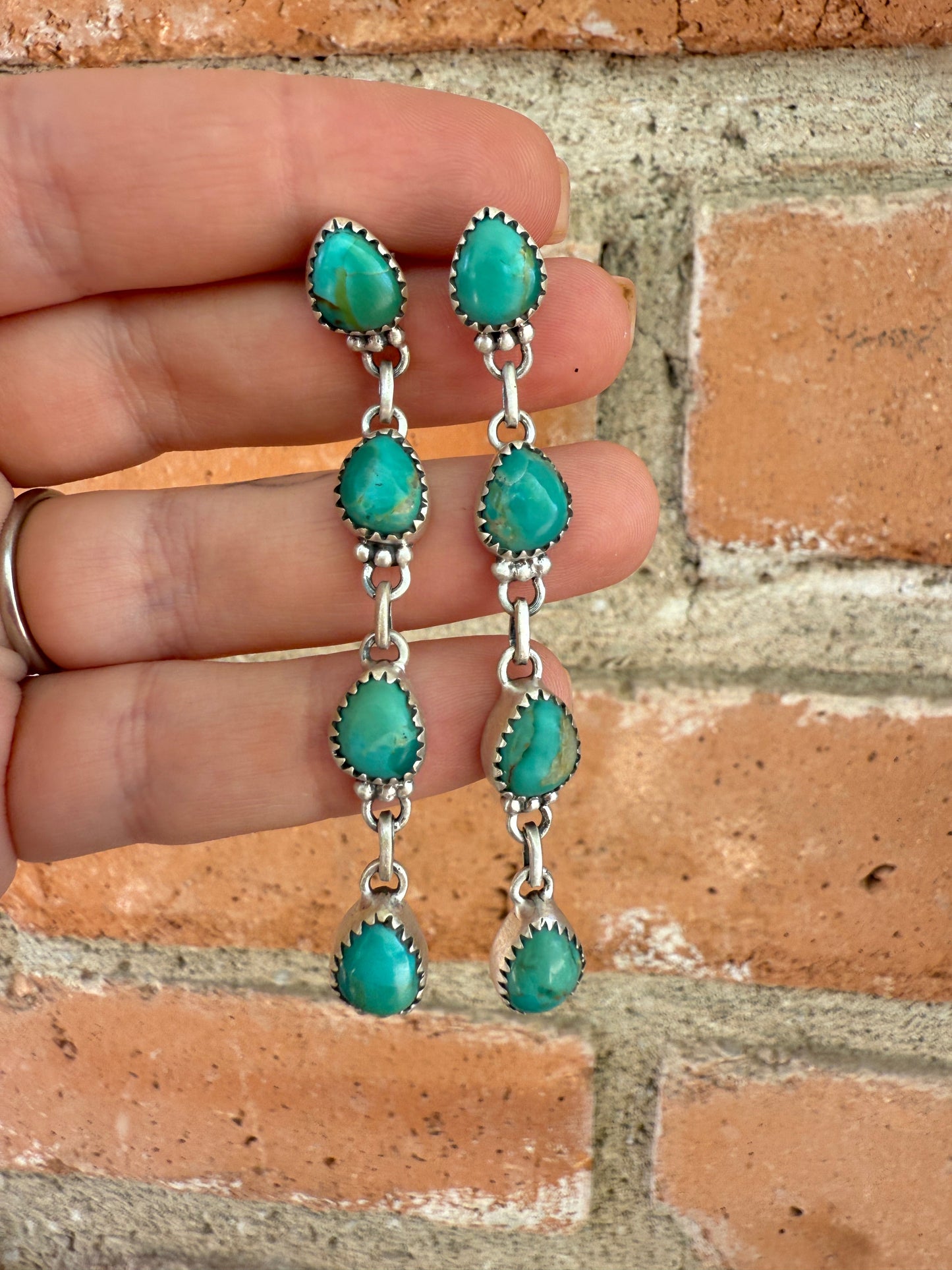 Handmade Sterling Silver Kingman Turquoise Dangle Earrings Signed Nizhoni 4 Stone