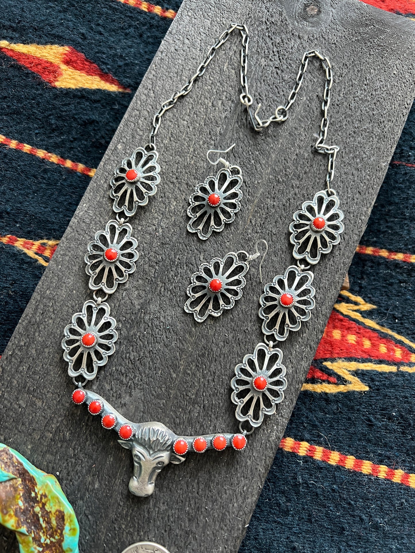Handcrafted Sterling Silver and Mediterranean Coral Steer Head Concho Necklace & Earrings by Kevin Billah