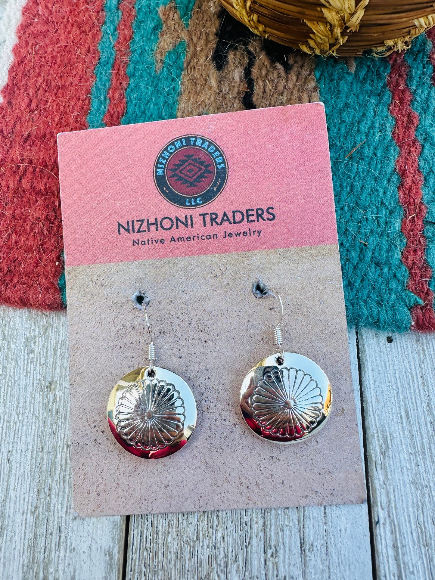 Handcrafted Hand Stamped Sterling Silver Concho Dangle Earrings
