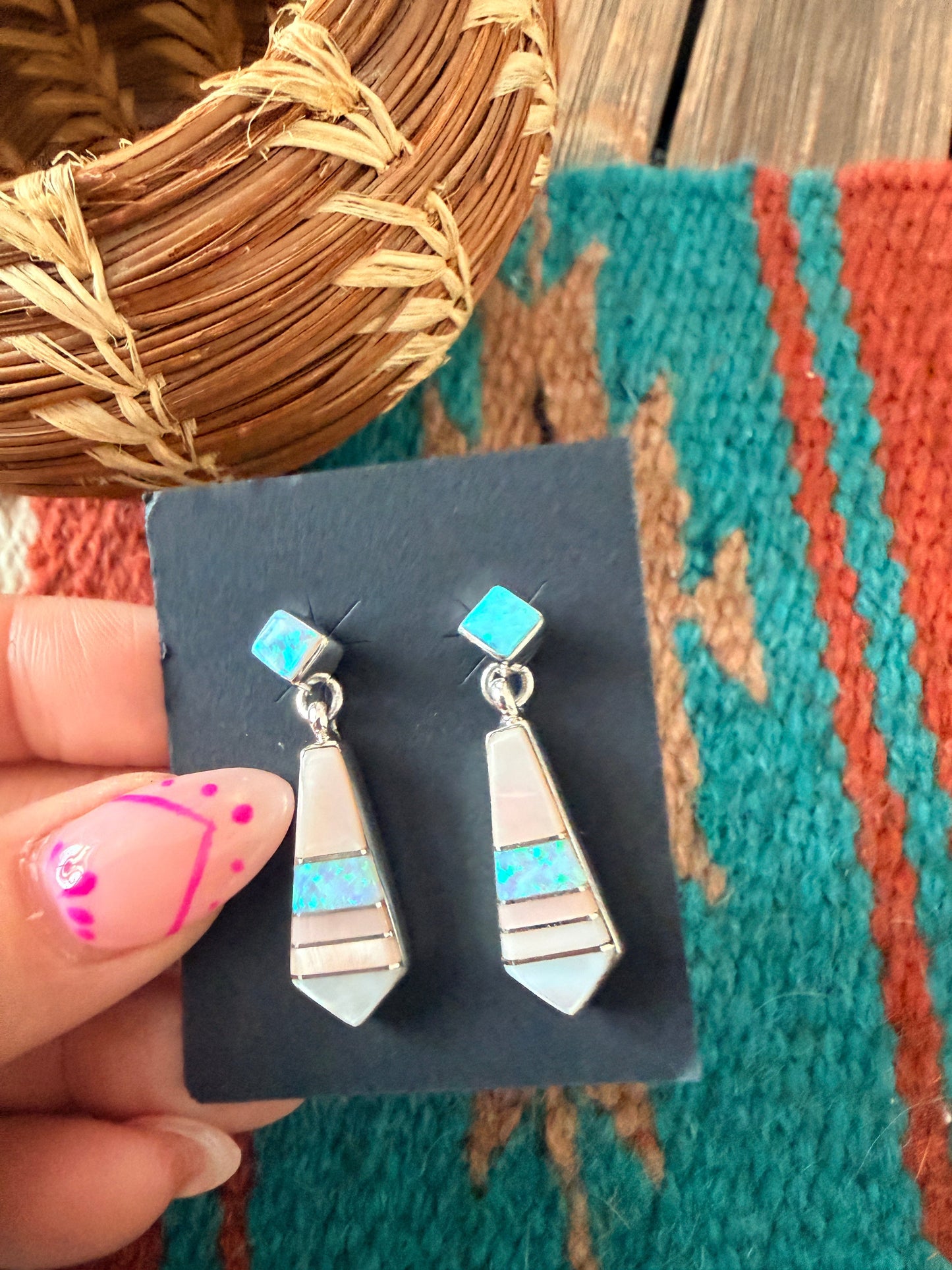 Handcrafted Mother of Pearl, Opal & Sterling Silver Inlay Dangle Earrings