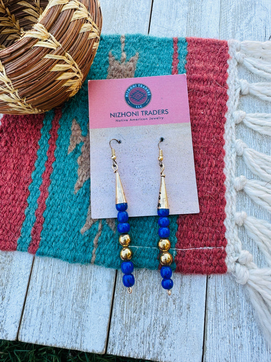 Handcrafted Old Pawn Gold Plated Sterling Silver and Lapis Beaded Dangle Earrings