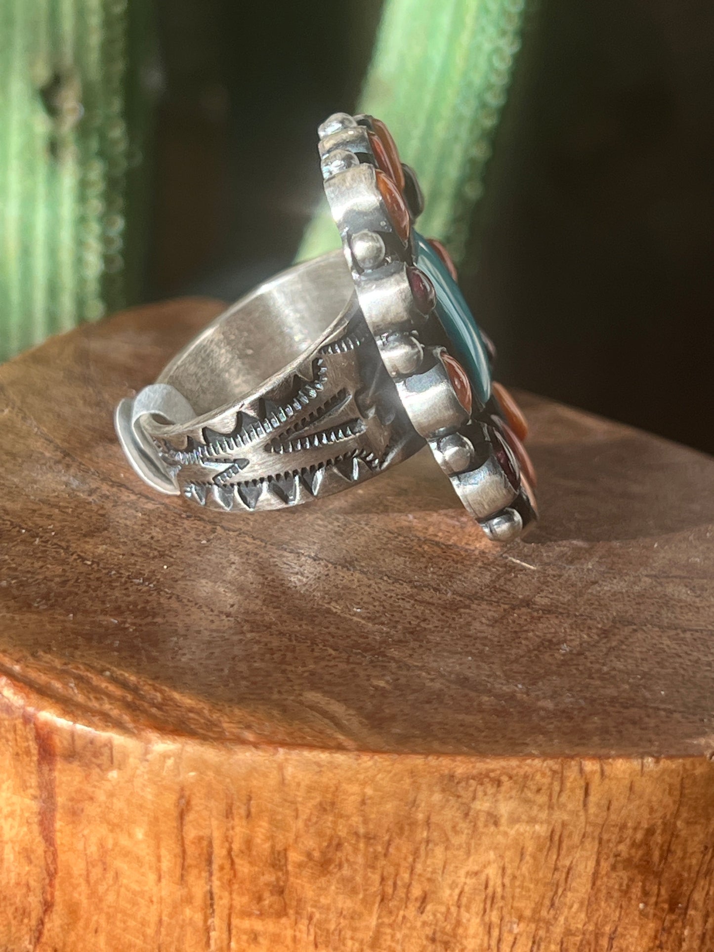 Handcrafted Electric Rainbow Turquoise and Spiny Oyster Ring by Angela Martin and Bernyse Chavez, Size 9