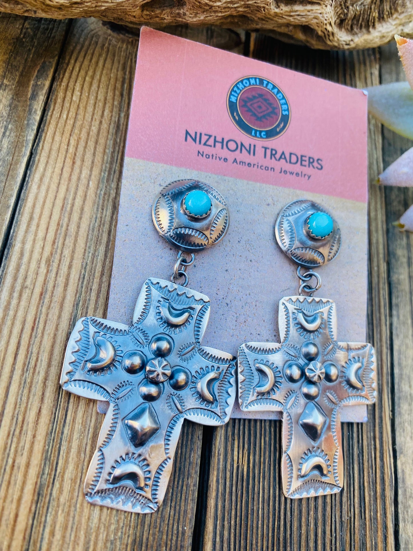 Navajo Hand Stamped Sterling Silver Cross Dangle Earrings By Tim Yazzie