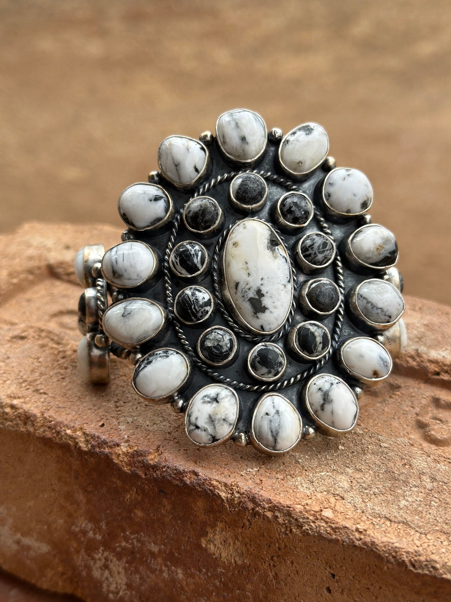 Handcrafted White Buffalo & Sterling Silver Cluster Cuff Bracelet