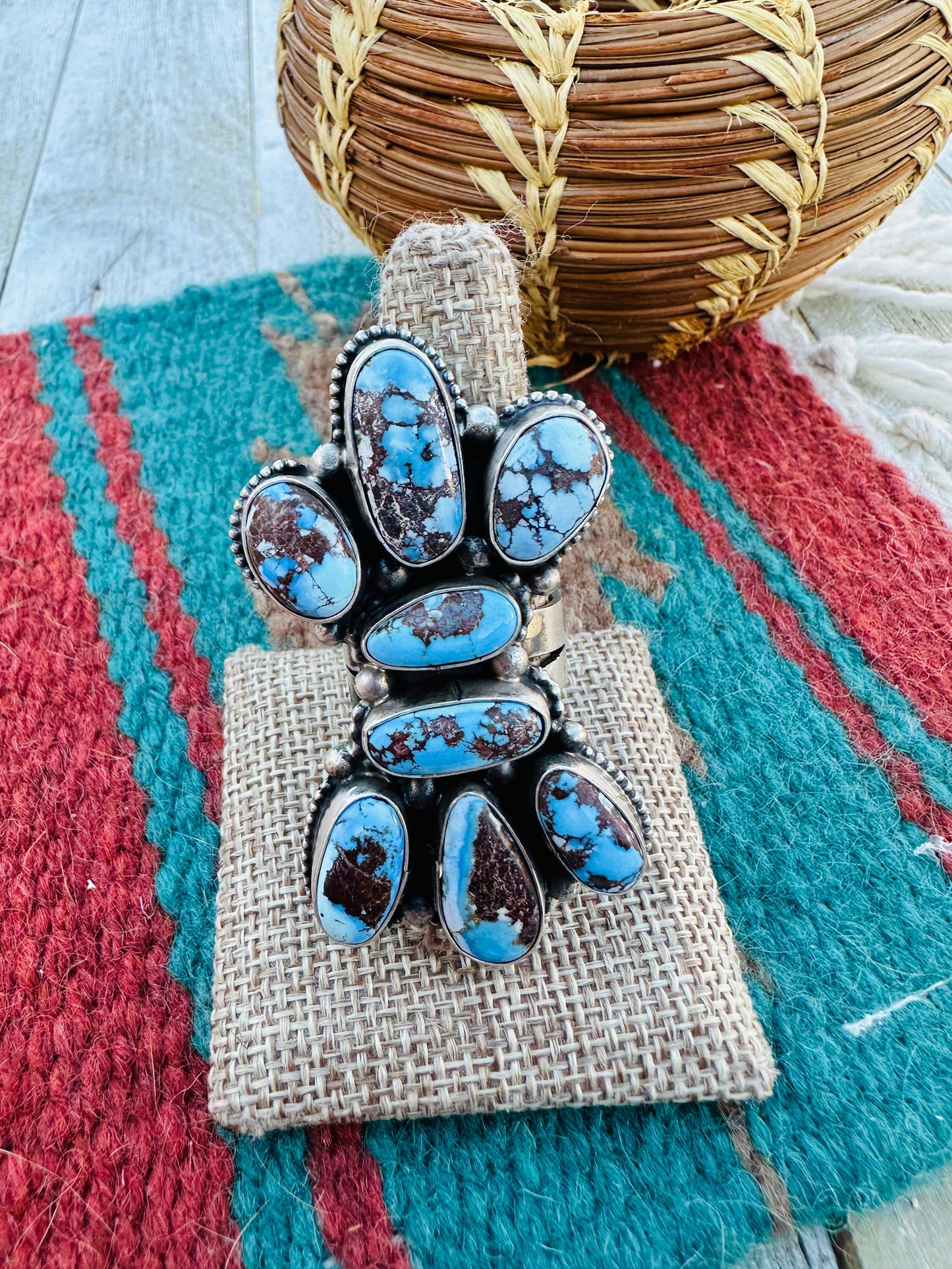 Hand Crafted Golden Hills Turquoise & Sterling Silver Ring Size 10 by Sheila Becenti