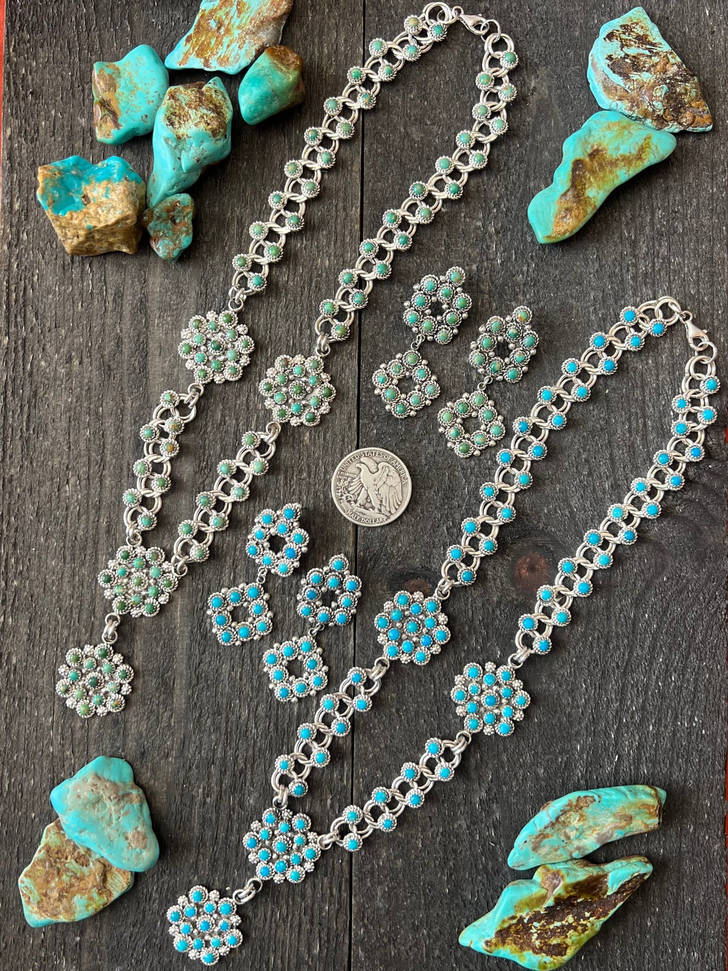 Handcrafted Sterling and Snake Eye Turquoise Link and Cluster Necklace by Dillon Cheama