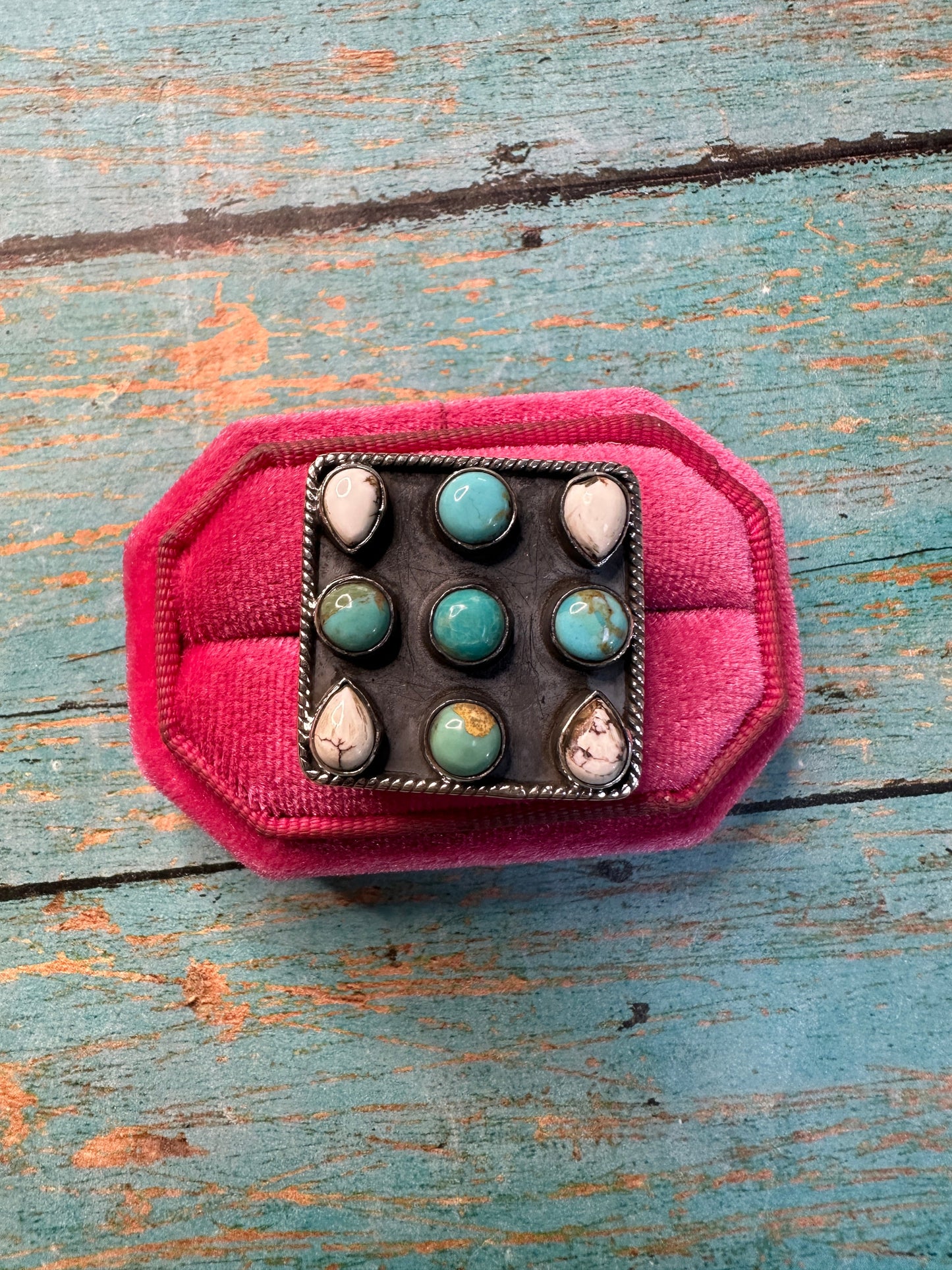 Beautiful Handmade White Buffalo, Turquoise And Sterling Silver Adjustable Ring