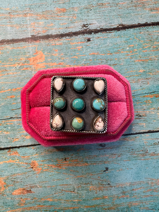 Beautiful Handmade White Buffalo, Turquoise And Sterling Silver Adjustable Ring