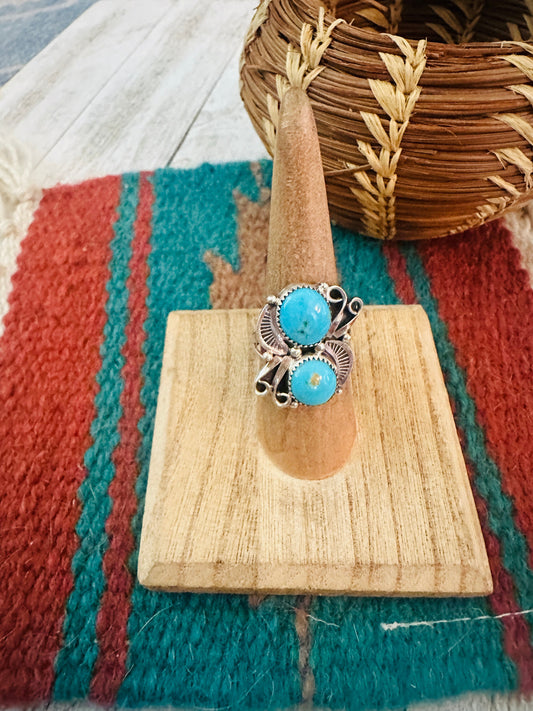Handcrafted Turquoise & Sterling Silver Two Stone Ring Size 7.5
