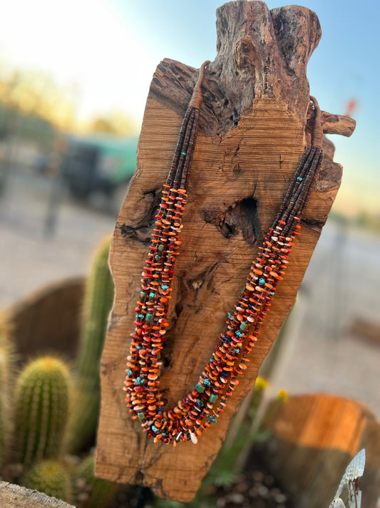 Gorgeous Handcrafted Made Eight Strand Spiny Oyster and Turquoise Beaded Squaw Wrap Necklace