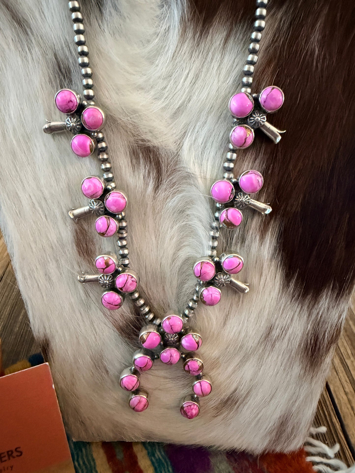 Handcrafted Cotton Candy & Sterling Silver Squash Blossom Necklace and Earring Set