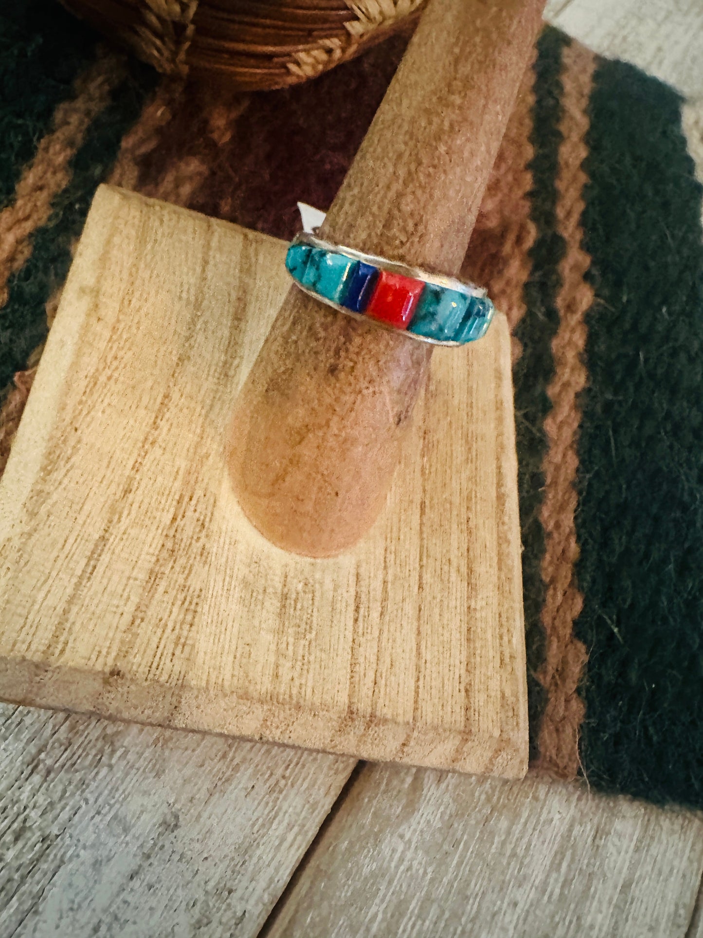 Handcrafted Turquoise, Coral, Lapis & Sterling Silver Inlay Ring Size 6