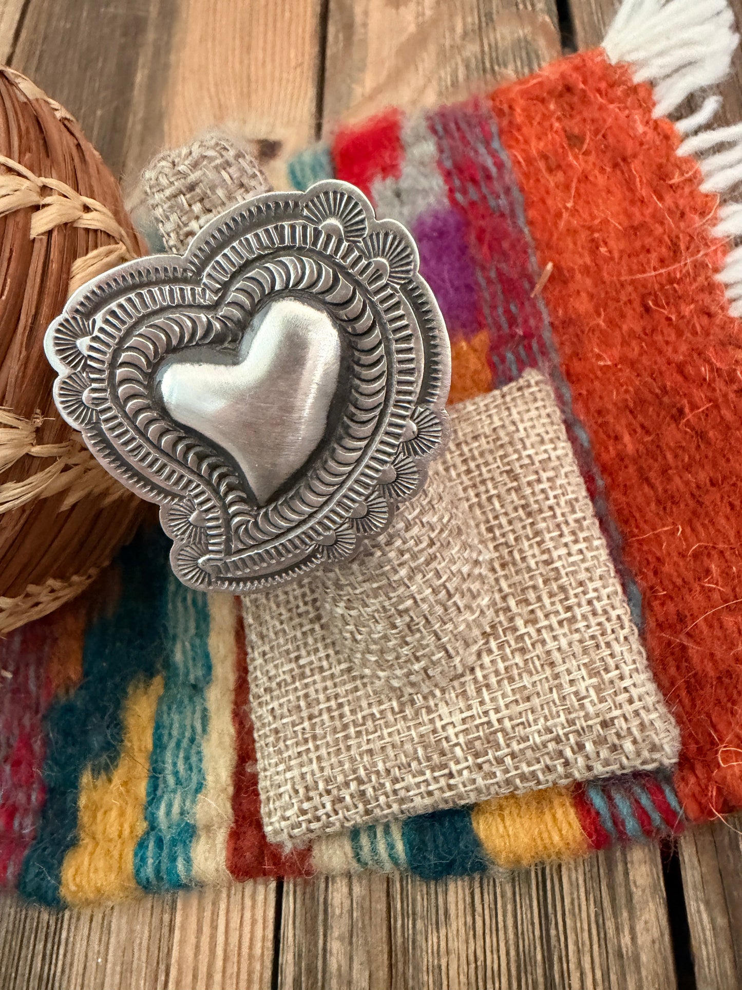 Handcrafted Sterling Silver Adjustable Heart Concho Ring by Leander Tahe