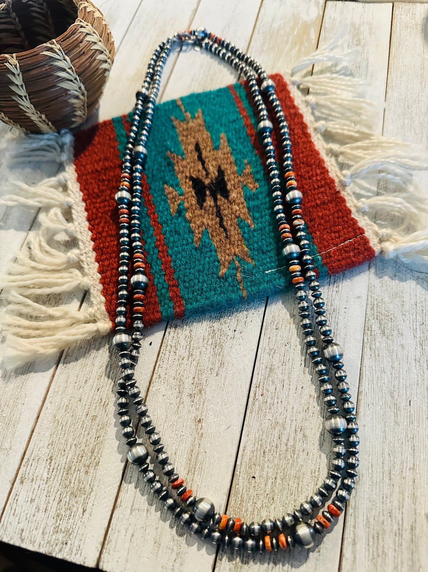 Handcrafted Orange Spiny & Sterling Silver Beaded Necklace 60”