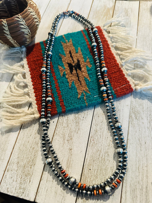 Handcrafted Orange Spiny & Sterling Silver Beaded Necklace 60”