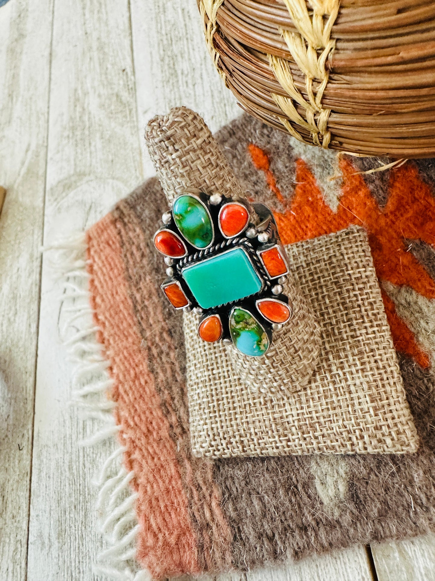 Handcrafted Sterling Silver, Turquoise & Spiny Oyster Ring by Bernyse Chavez and Angela Martin, Size 8