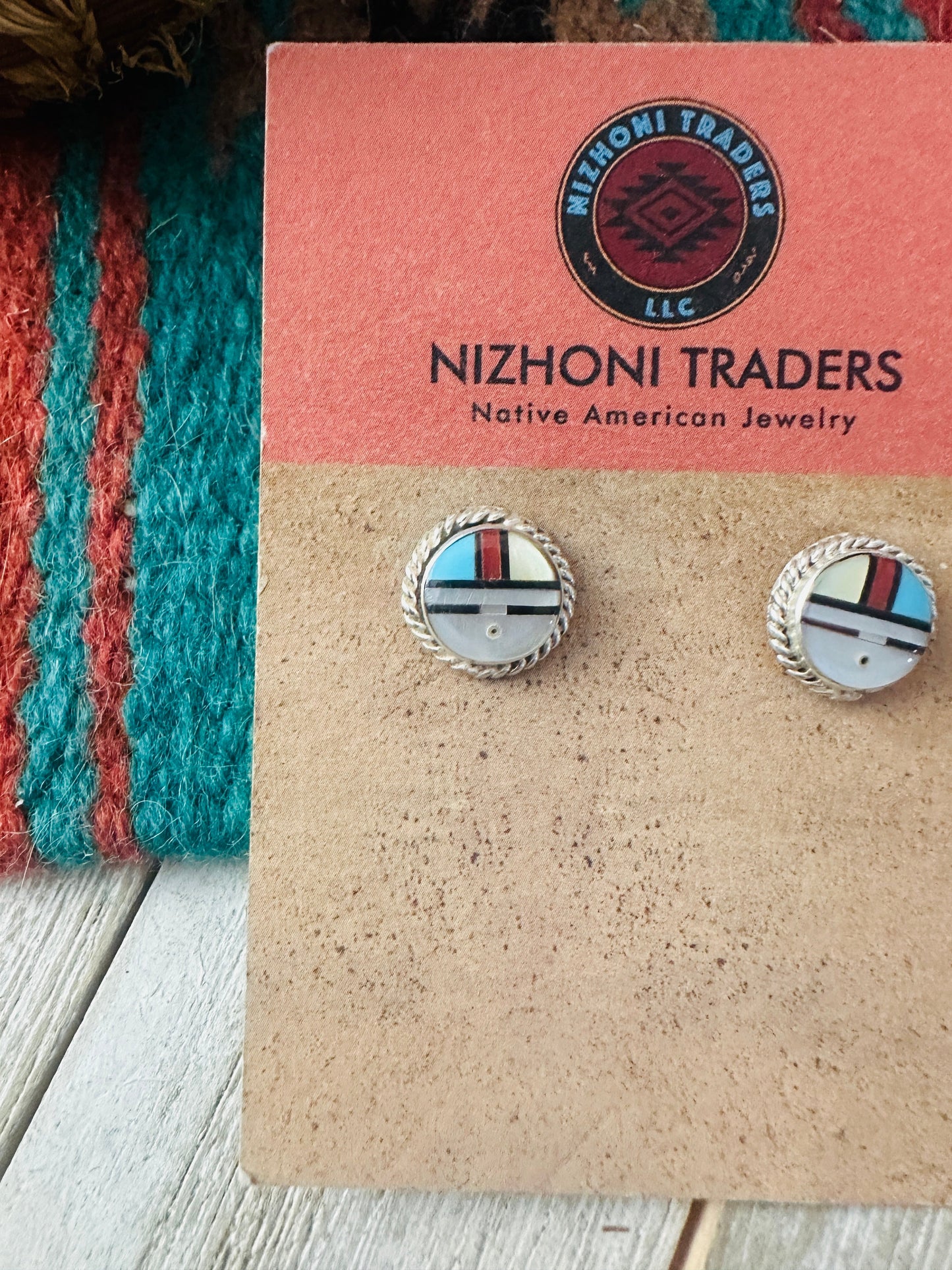 Handcrafted Multi Stone & Sterling Silver Inlay Sun Face Stud Earrings