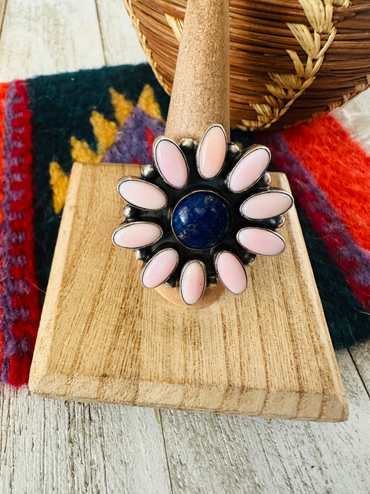 Handcrafted Sterling Silver, Queen Pink Conch Shell & Lapis Cluster Ring
