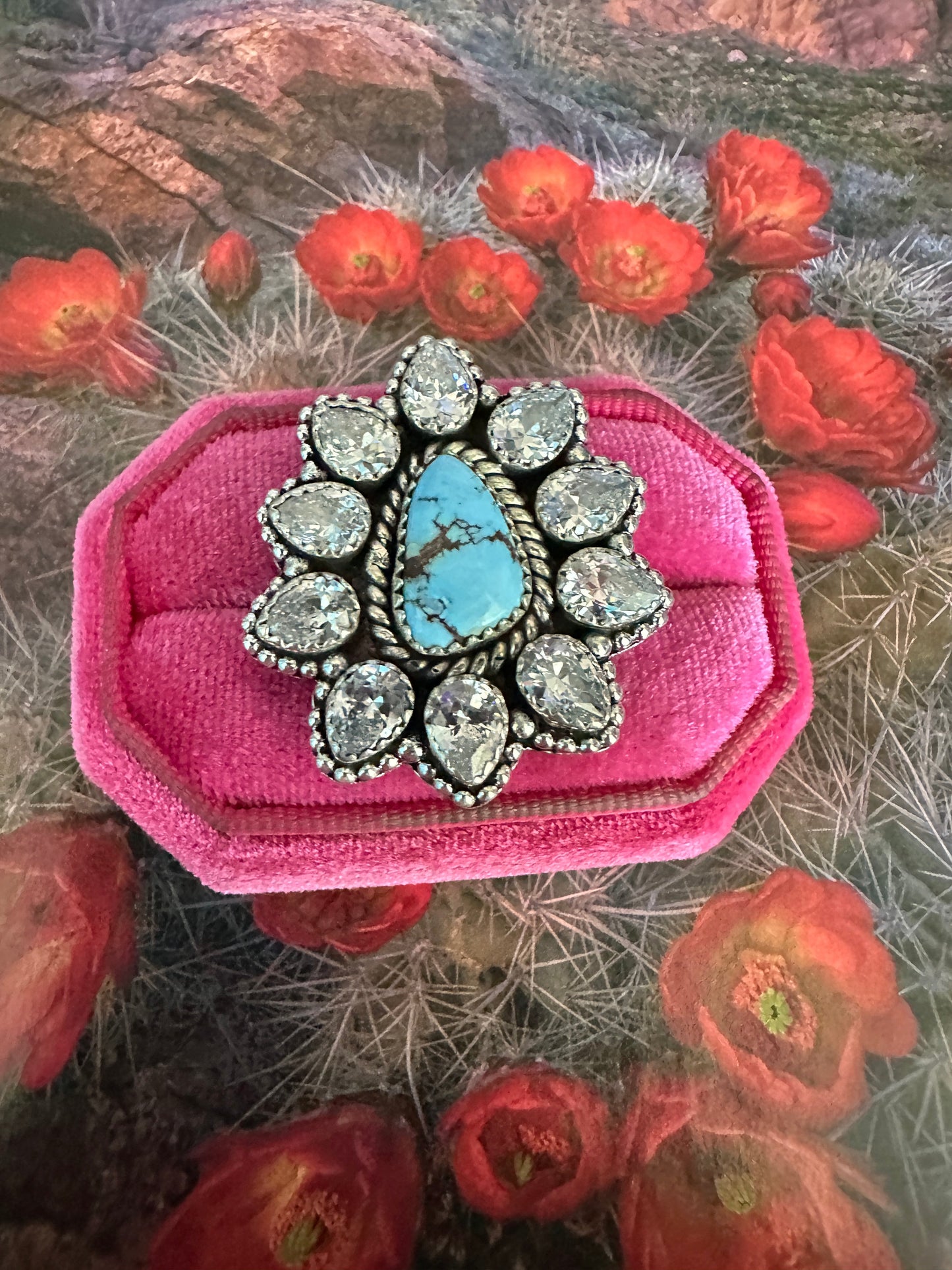 Handmade Golden Hills Turquoise, CZ & Sterling Silver Adjustable Ring