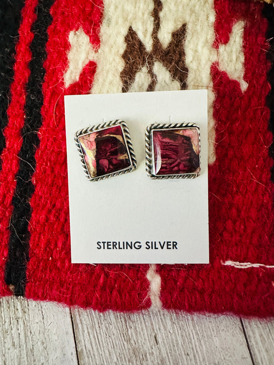 Handcrafted Sterling Silver & Rose Dahlia Square Stud Earrings