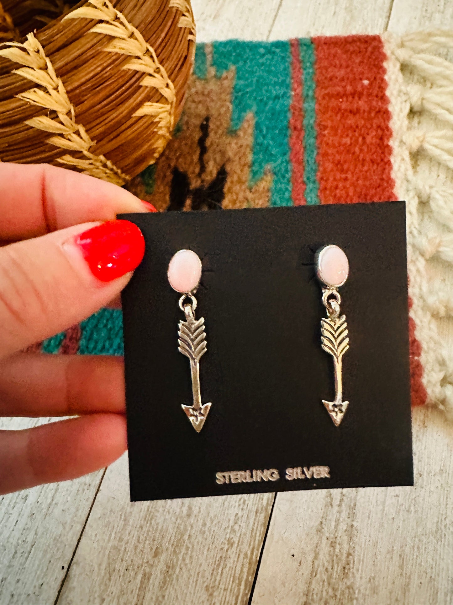 Handcrafted Queen Pink Conch & Sterling Silver Arrow Dangle Earrings