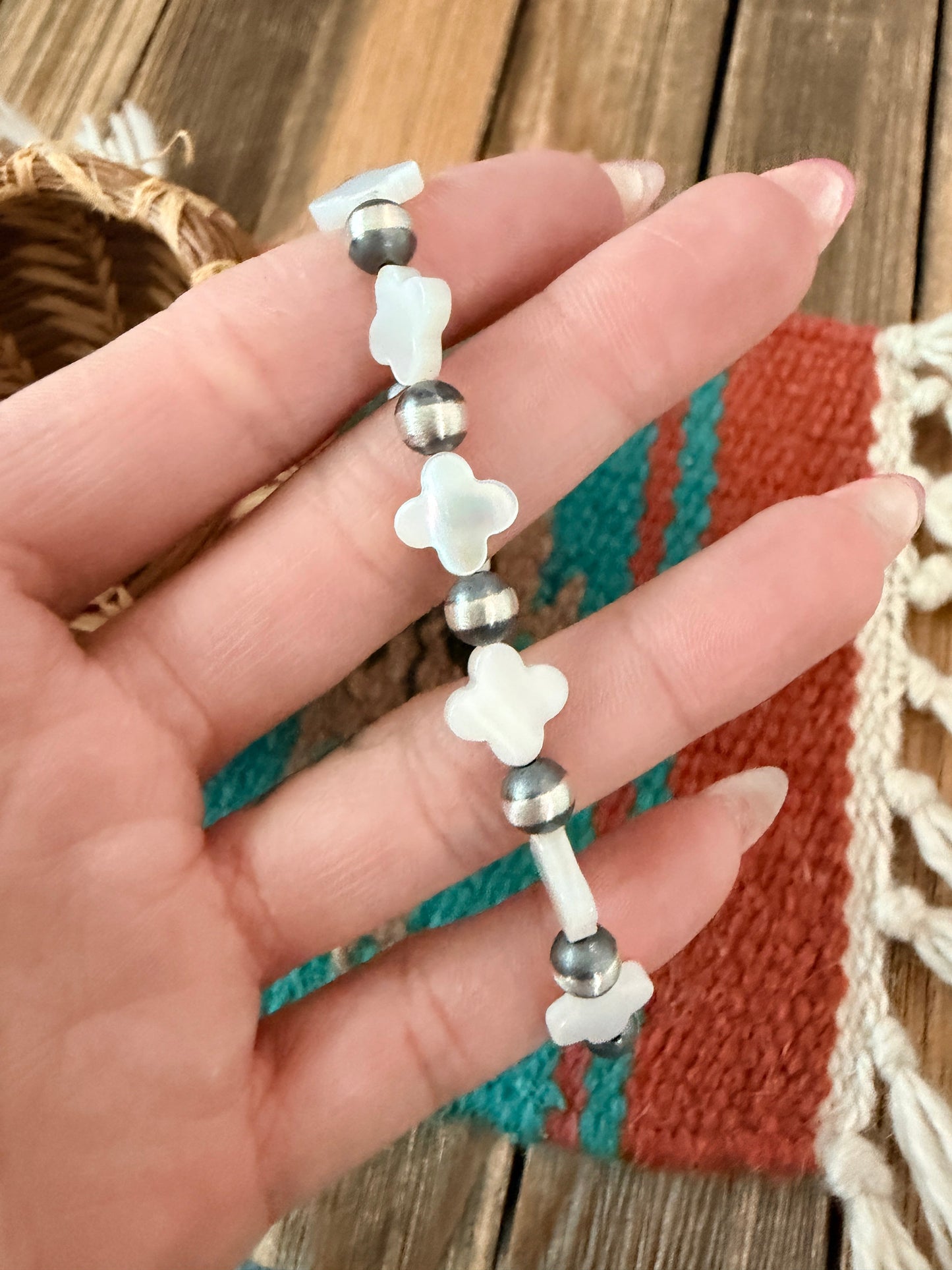 Handcrafted Mother of Pearl & Sterling Silver Pearl Cross Beaded Stretch Bracelet